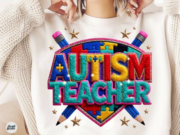 Autism Teacher Faux Yarn Embroidery PNG: Graphics for Thoughtful T-Shirt Designs