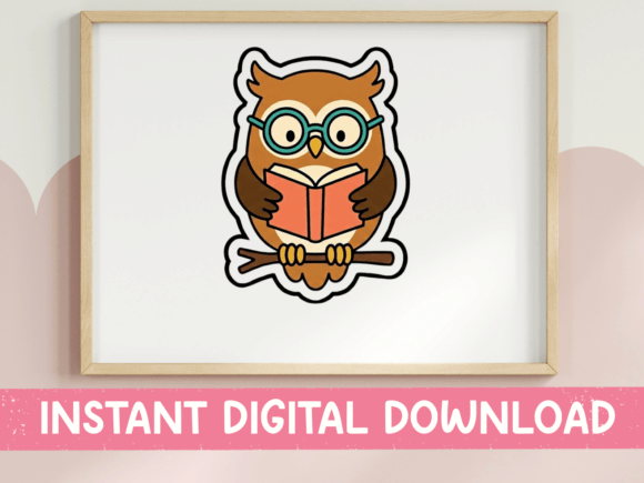 Wise Owl Reading a Book Sticker: Graphics & T-Shirt Designs